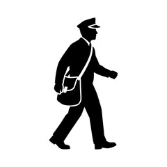 Obraz premium Black silhouette of a postman walking with a mail bag and peaked cap for delivery service logo and symbol