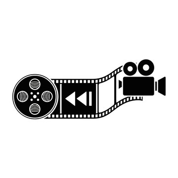 Movie film reel and vintage video camera silhouette icon isolated on white background for cinema production