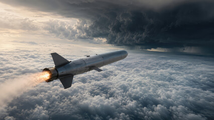 Obraz premium Cruise Missile Flying Above Clouds Toward a Powerful Storm Front