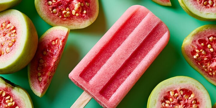 A refreshing tropical pink guava popsicle surrounded by fresh fruit slices on a vibrant green background.
