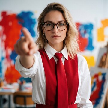 Confident woman in glasses points forward. Professional wears red tie and vest in art studio. Blonde female leader shows assertiveness and directs attention forward with determination.