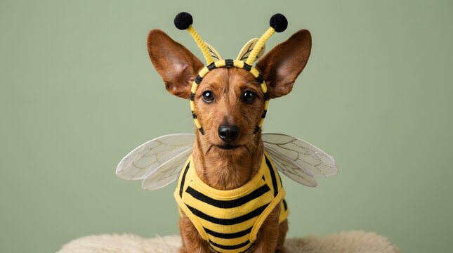 Small dog dressed in a cute bumble bee costume