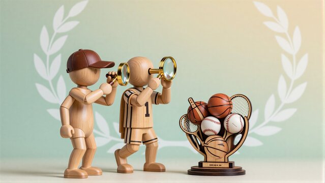 Wooden figures examine sports gear with magnifying glasses, symbolizing analysis or strategy.