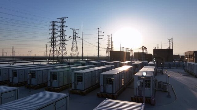 Solar sunset illuminates rows of energy storage containers at a substation with high voltage transmission towers in background