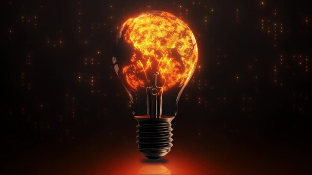 Glowing light bulb illuminating world map with global innovation