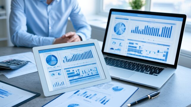 Businessman analyzing financial data charts on laptop and tablet
