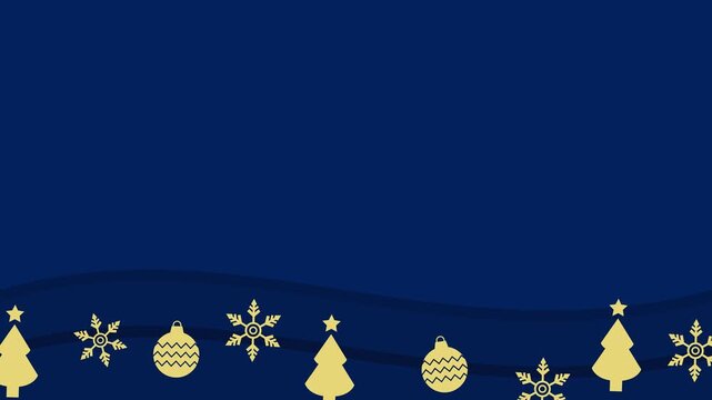 Seamless looping background animation of swaying Christmas trees, baubles, and snowflakes in bottom area with wide navy blue text copy space area. Flat style holiday frame banner design concept