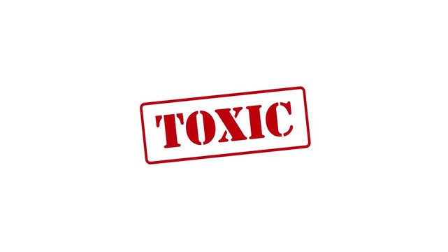"Toxic" stamp animation, tilted position, white background, 4K video.