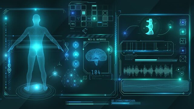 Human body anatomy scan with futuristic medical HUD