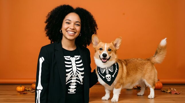 Smiling woman and her corgi dog wearing matching skeleton costumes