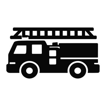 Black silhouette icon of a ladder fire truck side profile, emergency fire engine illustration with mounted ladder and cab, flat graphic symbol for rescue services