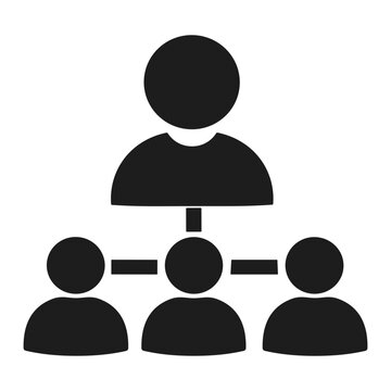 Minimalist black organizational hierarchy icon depicting a single leader connected to three subordinate team members, illustrating management structure, leadership and team network.