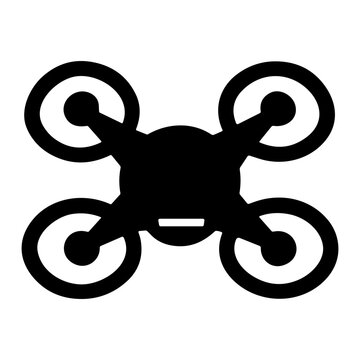 Black quadcopter drone silhouette icon depicting a top-down multirotor UAV with four rotors and propeller rings, minimalist flat vector graphic symbol of aerial flight and tech