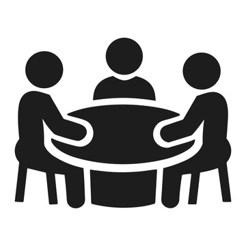 Black silhouette icon of three people seated around a round table, symbolizing teamwork, group meeting, discussion, collaboration, roundtable conversation, planning and cooperation
