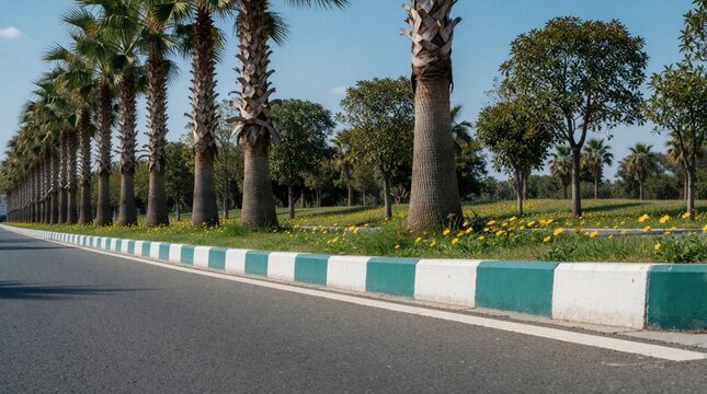Asphalt road bordered by green and white kerbstones leads to park with palm trees. Grassy area has blooming yellow flowers under clear blue sky.
