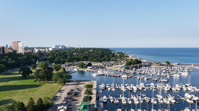 Aerial Drone View of McKinley Marina and Lake Michigan, Milwaukee, Wisconsin&rdquo;