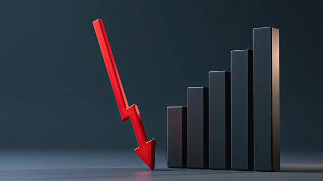 A stark red downward arrow sharply descends beside a rising bar graph