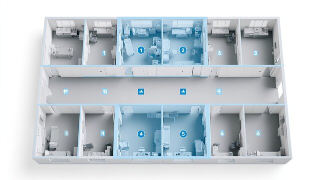 Aerial view of a modular building interior with multiple rooms