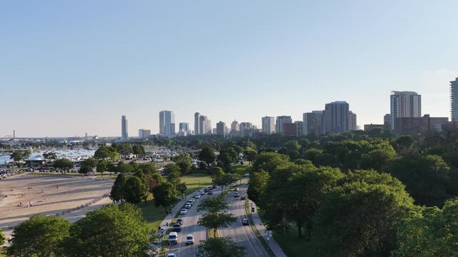 Aerial Drone View of Downtown Milwaukee Skyline with Lakefront Highway and Green Park, Wisconsin&rdquo;