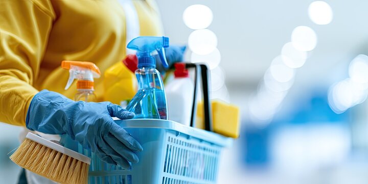 Person wearing gloves carries a blue basket filled with cleaning supplies