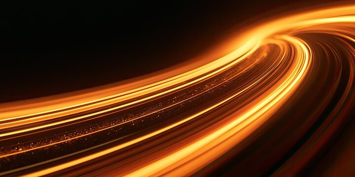 Fiery orange light trails curve dynamically against a dark, abstract background