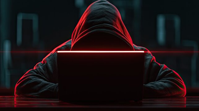 Anonymous figure in hoodie with glowing laptop screen in dark room