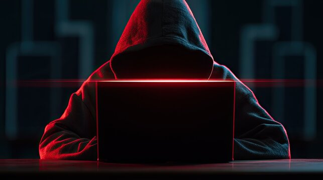 Anonymous figure in hoodie illuminated by red glow from laptop
