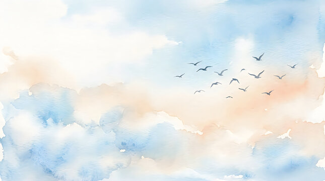 Abstract watercolor background with flying birds in soft pastel colors for international peace day celebration concept