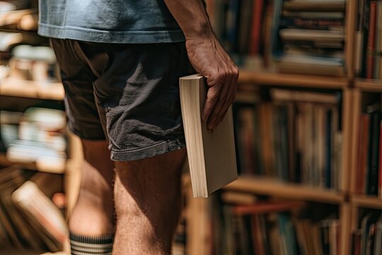 Person holding a book, standing amidst rows of bookshelves