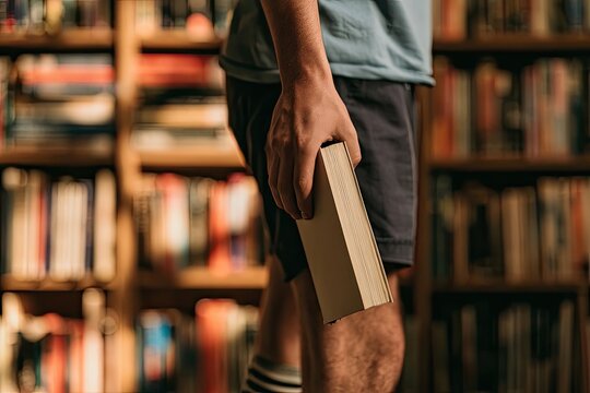 Hand holding a book, blurred bookshelves in background, warm light