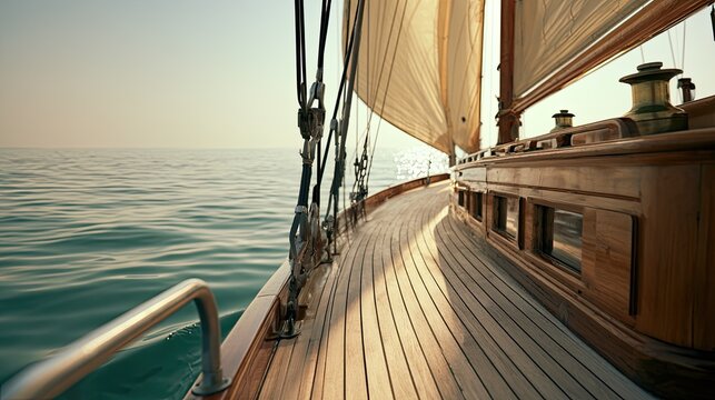 Sunlight illuminates wooden deck of sailboat gliding on calm sea