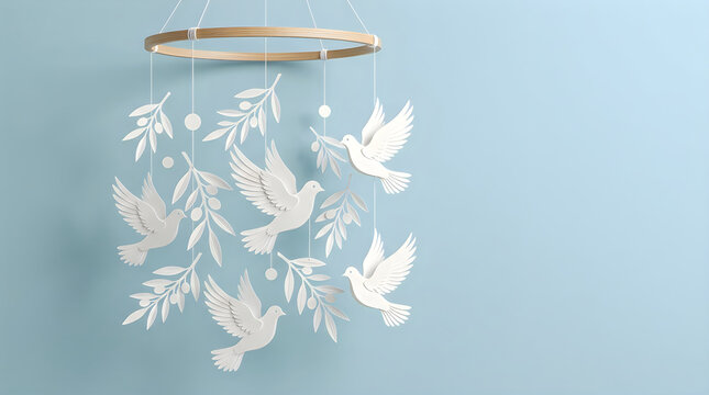 Decorative hanging mobile with white paper doves and leaves for international peace day celebration on blue background