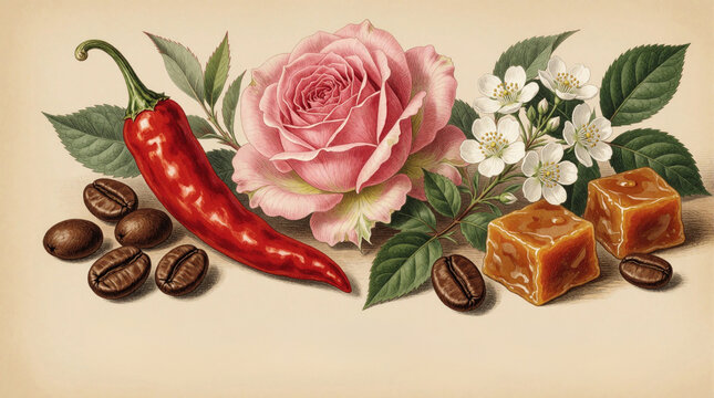 Artistic illustration of food ingredients with red chili pepper pink rose flower white jasmine blossoms, roasted coffee beans plus caramel cubes. Botanical drawing presents organic spice elements for