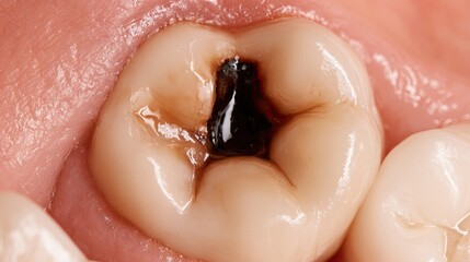 Fototapeta premium Close-up of a human molar tooth with a dark cavity