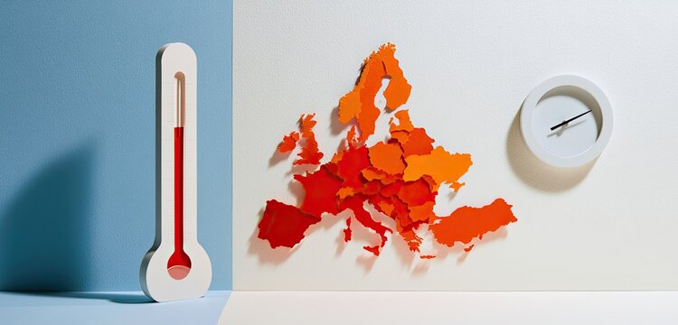 Thermometer and Europe map in warm colors, with a clock