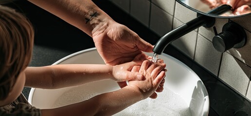 Obraz premium Adult guiding child's hands under running water in a sink with soap