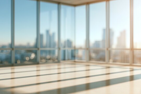 Empty corner office with sunlit floor & blurred city view