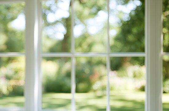 Blurred garden view through a white mullioned window
