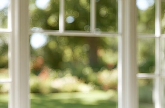 Through white mullioned window, a soft focus garden with lush green foliage and bokeh