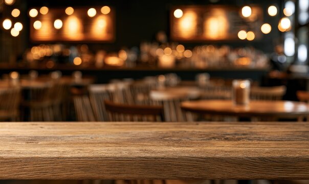 Cozy cafe interior, warm ambient light, wooden tables, blurred background