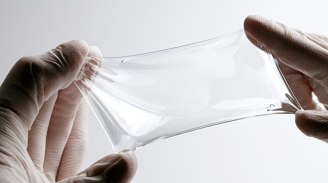 Hands in gloves stretch a translucent, flexible film under bright lighting