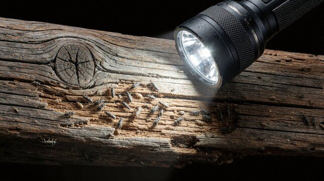 Flashlight beam illuminates wooden beam with insect infestation. Close up shows pests crawling on damaged wood surface. Pest control inspection reveals termites or wood borers.