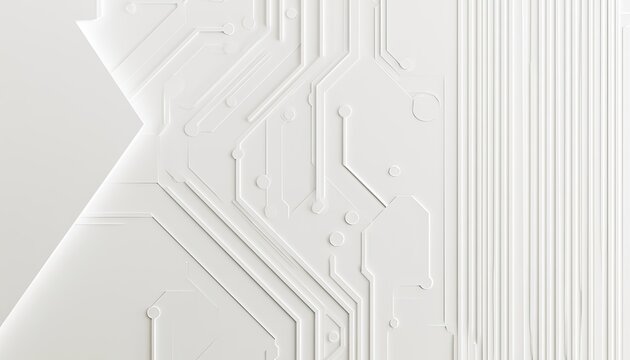Raised, embossed white circuits and textured lines on a clean, modern background