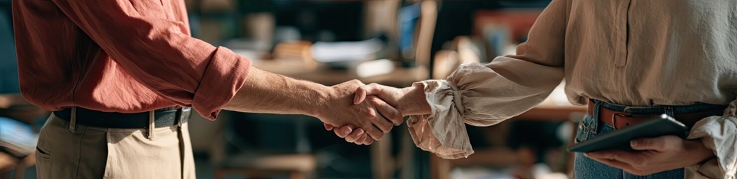 Two individuals in casual attire shake hands in a warm, light-filled environment