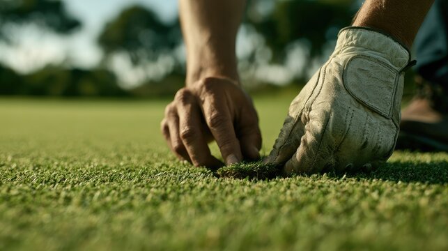 Golfer's gloved hand repairs divot on vibrant green golf course