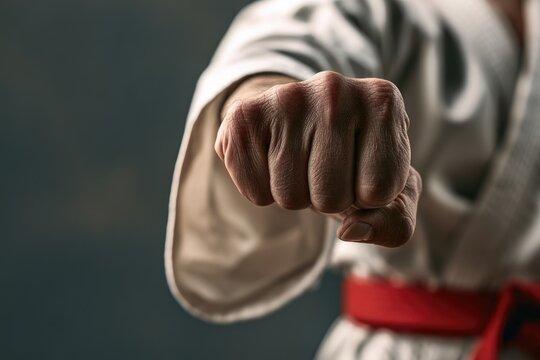 A close-up of a clenched fist in a martial arts uniform, ready to strike
