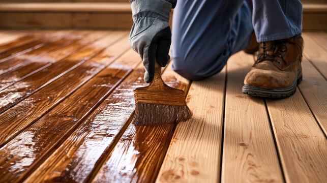 Person applying wood stain to a deck with a brush