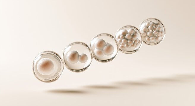 Microscopic view of cell division, showing growth stages within clear spheres