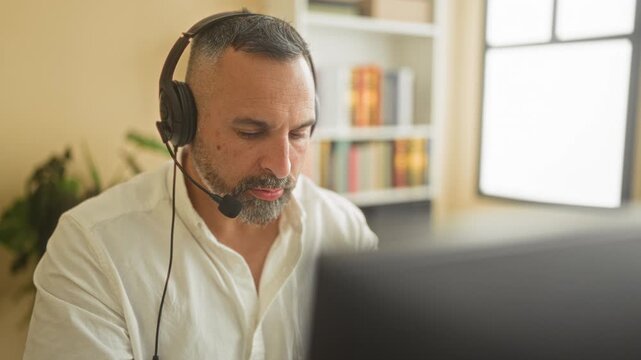 Man holding headset earcup and speaking into microphone at a computer in a building office, squinting as he adjusts the mic; focused support.