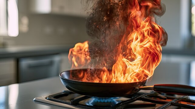 A frying pan on a stove erupts in intense flames and dark smoke
